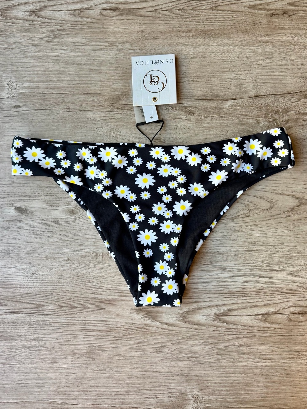 Daisy Floral Bikini Bottoms XL Black White Yellow Ruched Cheeky NWT